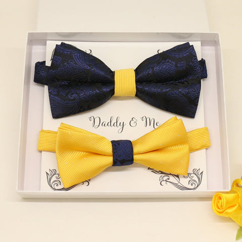 Paisley Navy and Yellow Bow tie set for daddy and son, Paisley bow tie, Daddy me gift set, Father son match, Yellow kids bow, Daddy and me