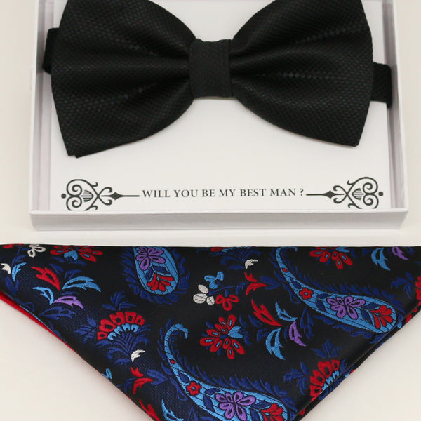 Black bow tie and paisley Pocket Square, Best man, Groomsman bow, Man of honor, ring bearer bow, birthday gift, Congrats grad, handkerchief