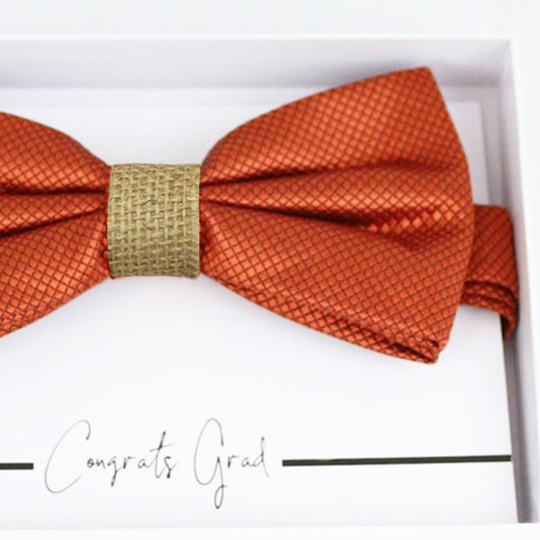Rust copper burlap bow tie Best man Groomsman Man of honor Ring Bearer bow tie request gif Birthday congrats cards, Adjustable Pre tied