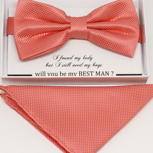Coral bow tie & Pocket Square, Best man Groomsman Man of honor ring breaer bow, birthday gift, Coral handkerchief, coral kids bow