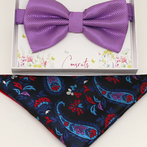 Lavender bow tie & paisley Pocket Square, Best man Groomsman Man of honor ring breaer bow, birthday gift, Congrats, handkerchief, kids bow