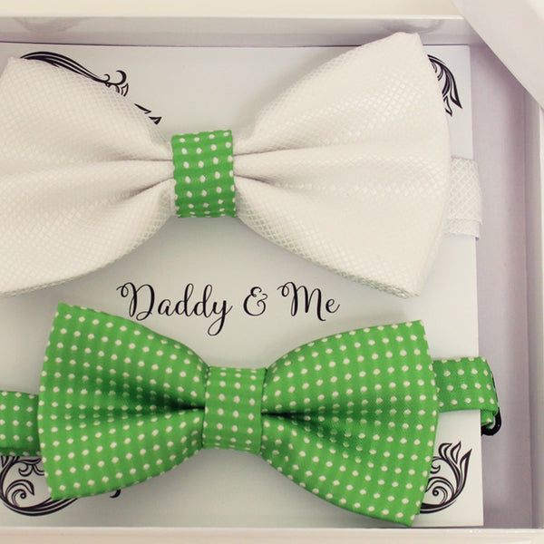 White and green bow tie set for daddy and son, Daddy and me gift set, Father son matching, green kids bow tie, daddy me bow, handmade