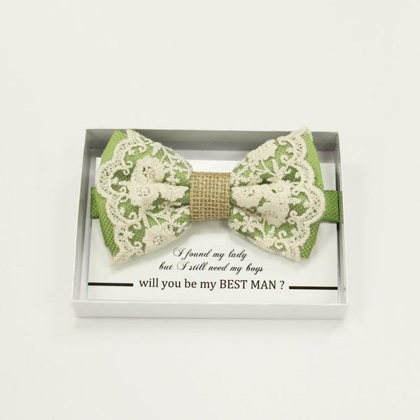 Green Lace burlap bow tie, Best man request gift, Groomsman bow tie, Man of honor gift, Best man bowtie, best man gift, man of honor request