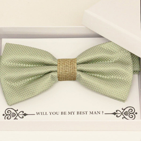 Sage green burlap bow tie Best man Groomsman Man of honor Ring Bearer bow tie request gift, Birthday congrats cards, Adjustable Pre tied