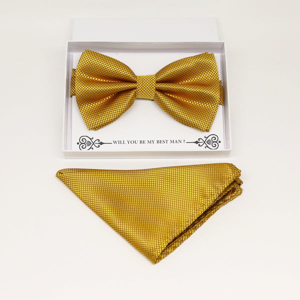 Gold bow tie & Gold Pocket Square, Best man Groomsman Man of honor ring breaer bow, birthday gift, Congrats grad, Gold handkerchief