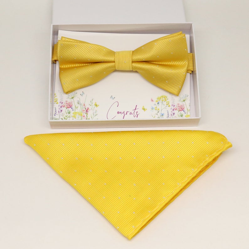 Yellow bow tie & Pocket Square, Best man Groomsman Man of honor ring bearer bow, birthday gift, Congrats grad, handkerchief, Yellow kids bow