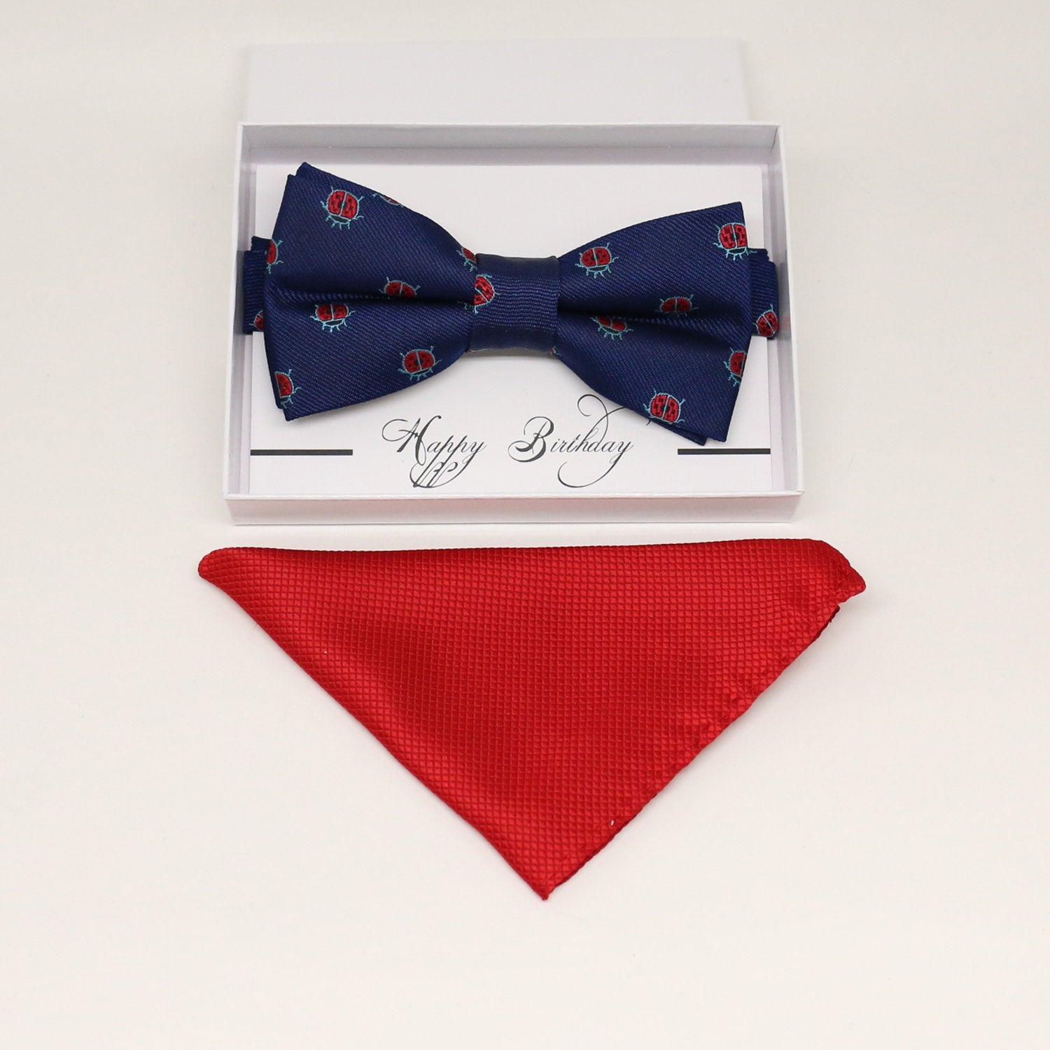 Navy bow tie & Red Pocket Square, Best man Groomsman Man of honor ring breaer bow, birthday gift, Ladybug bow tie, handkerchief, Lucky bow