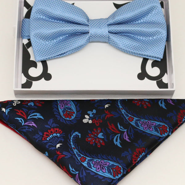 Dusty blue bow tie & paisley Pocket Square, Best man Groomsman Man of honor ring breaer bow tie, birthday gift, Congrats grad, handkerchief
