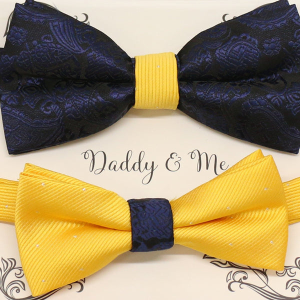 Paisley Navy and Yellow Bow tie set for daddy and son, Paisley bow tie, Daddy me gift set, Father son match, Yellow kids bow, Daddy and me