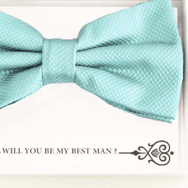 Aqua bow tie Best man Groomsman Man of honor Ring Bearer bow tie request gift, Kids bow Birthday congrats cards, Adjustable Pre tied 