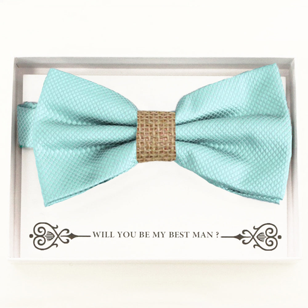 Aqua blurlap bow tie Best man Groomsman Man of honor Ring Bearer bow request gift Adjustable Pre tied Birthday congrats cards handmade bow