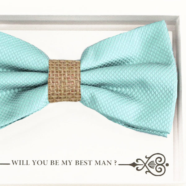 Aqua blurlap bow tie Best man Groomsman Man of honor Ring Bearer bow request gift Adjustable Pre tied Birthday congrats cards handmade bow