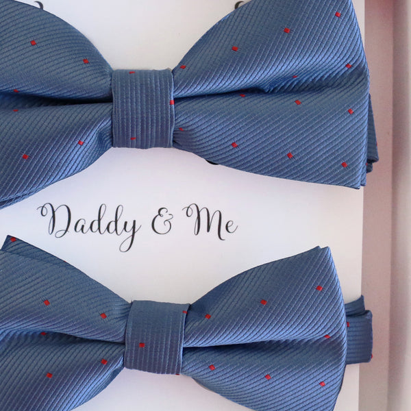 Blue red polka dots Bow tie set Kids Adult bow tie Daddy me Father son match, Country blue, kids bow Adjustable pre tied, High quality
