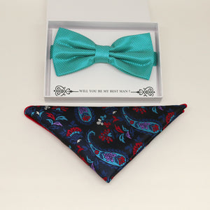 Teal blue bow tie & paisley Pocket Square, Best man Groomsman Man of honor ring breaer bow tie, birthday gift, Congrats grad, handkerchief