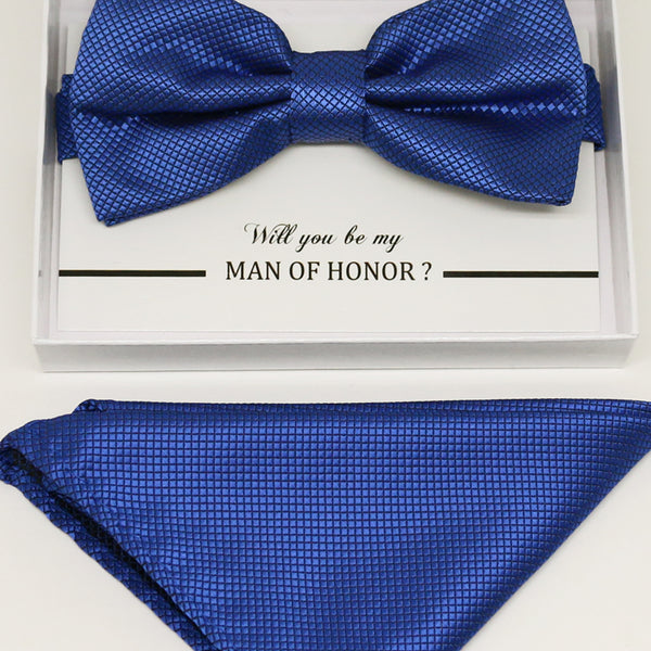 Royal blue bow tie & Royal blue Pocket Square, Best man Groomsman Man of honor ring breaer bow, birthday gift, Congrats grad, handkerchief