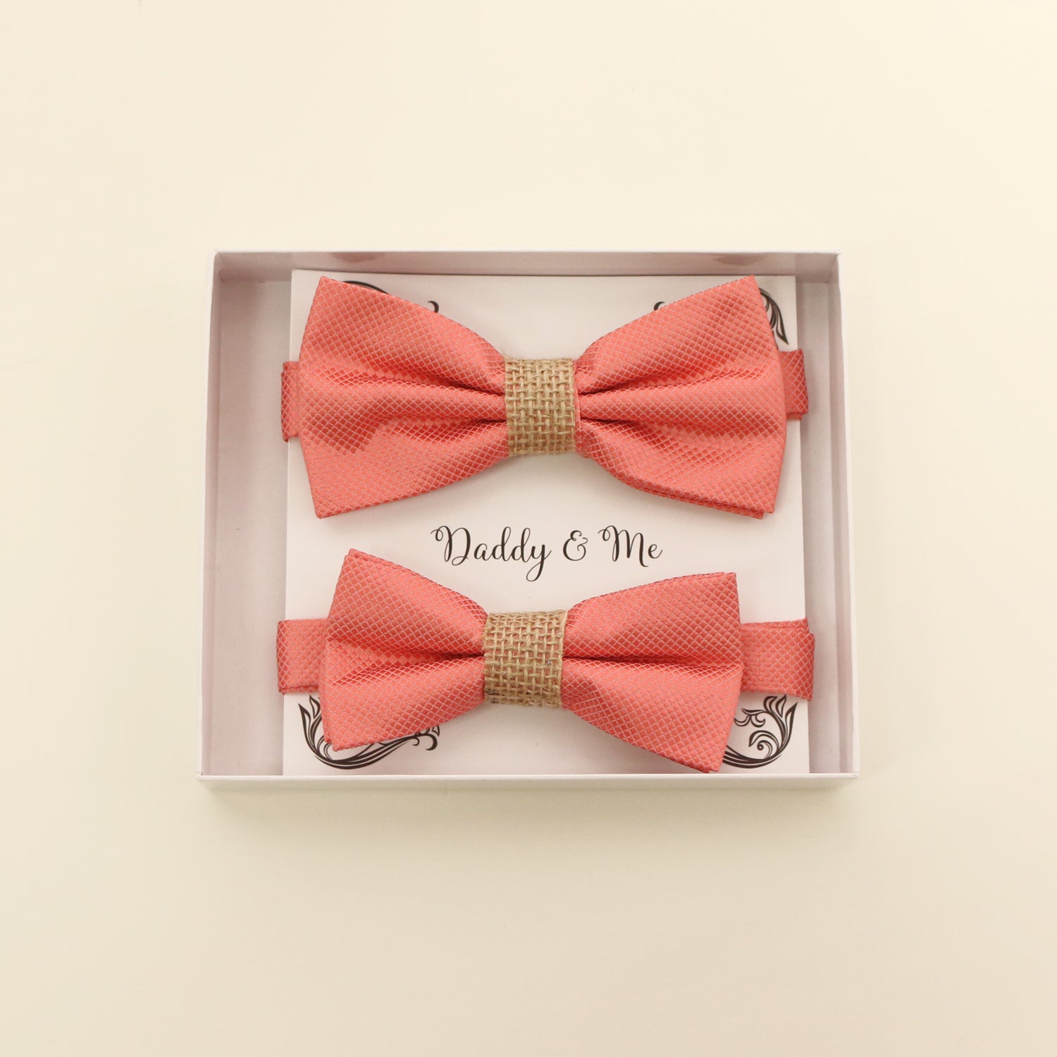 Coral burlap Bow tie set for daddy and son, Daddy me gift set, Grandpa and me, Father son match, Coral bow tie for kids bow tie, handmade