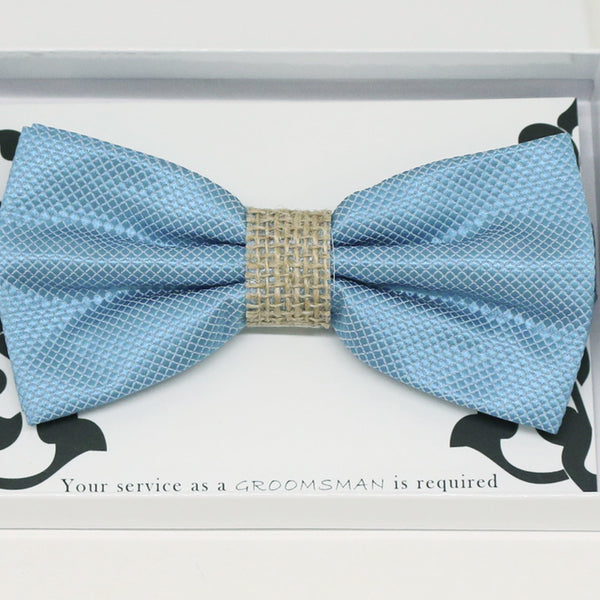 Dusty blue burlap bow tie, Best man gift , Groomsman bow, Man of honor, ring bearer bow, handmade birthday gift, Congrats, some thing blue