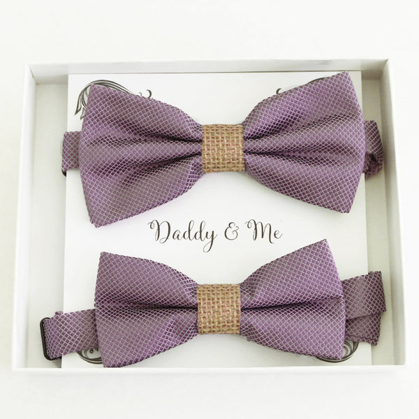 Dusty purple burlap Bow tie set for daddy and son, Daddy me gift set Grandpa and me Father son match bow Adjustable pre tied Handmade bow