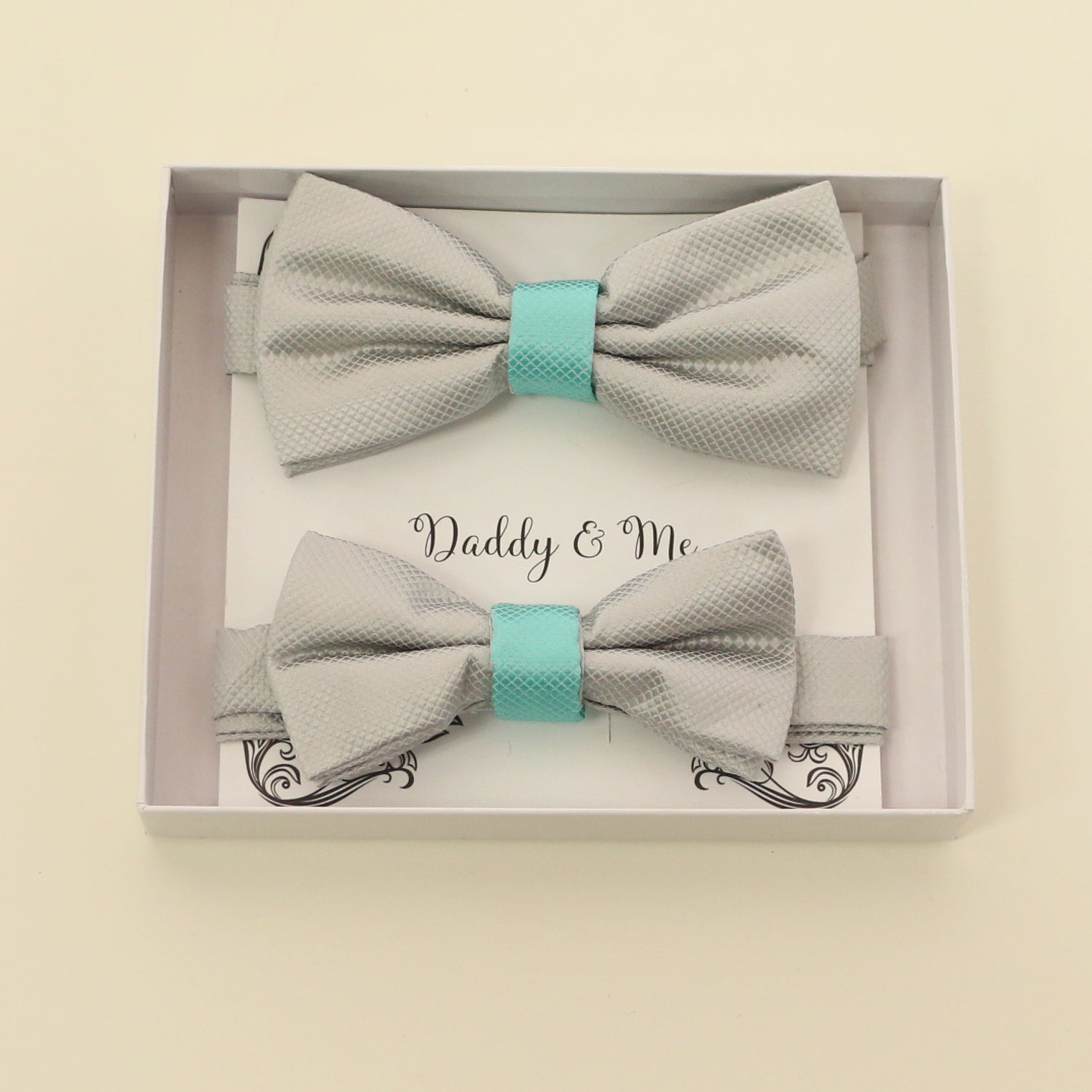 Gray and turquoise Bow tie set for daddy and son, Daddy me gift set, Father son matching, daddy me bow, handmade Gray blue bow tie for kids