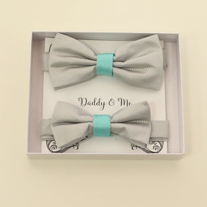 Gray and turquoise Bow tie set for daddy and son, Daddy me gift set, Father son matching, daddy me bow, handmade Gray blue bow tie for kids