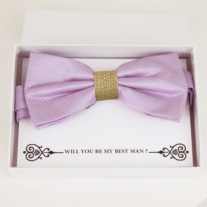 Lilac burlap bow tie Best man Groomsman Man of honor Ring Bearer bow tie request gift, Kids bow Birthday congrats cards, Adjustable Pre tied 