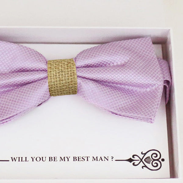 Lilac burlap bow tie Best man Groomsman Man of honor Ring Bearer bow tie request gift, Kids bow Birthday congrats cards, Adjustable Pre tied 