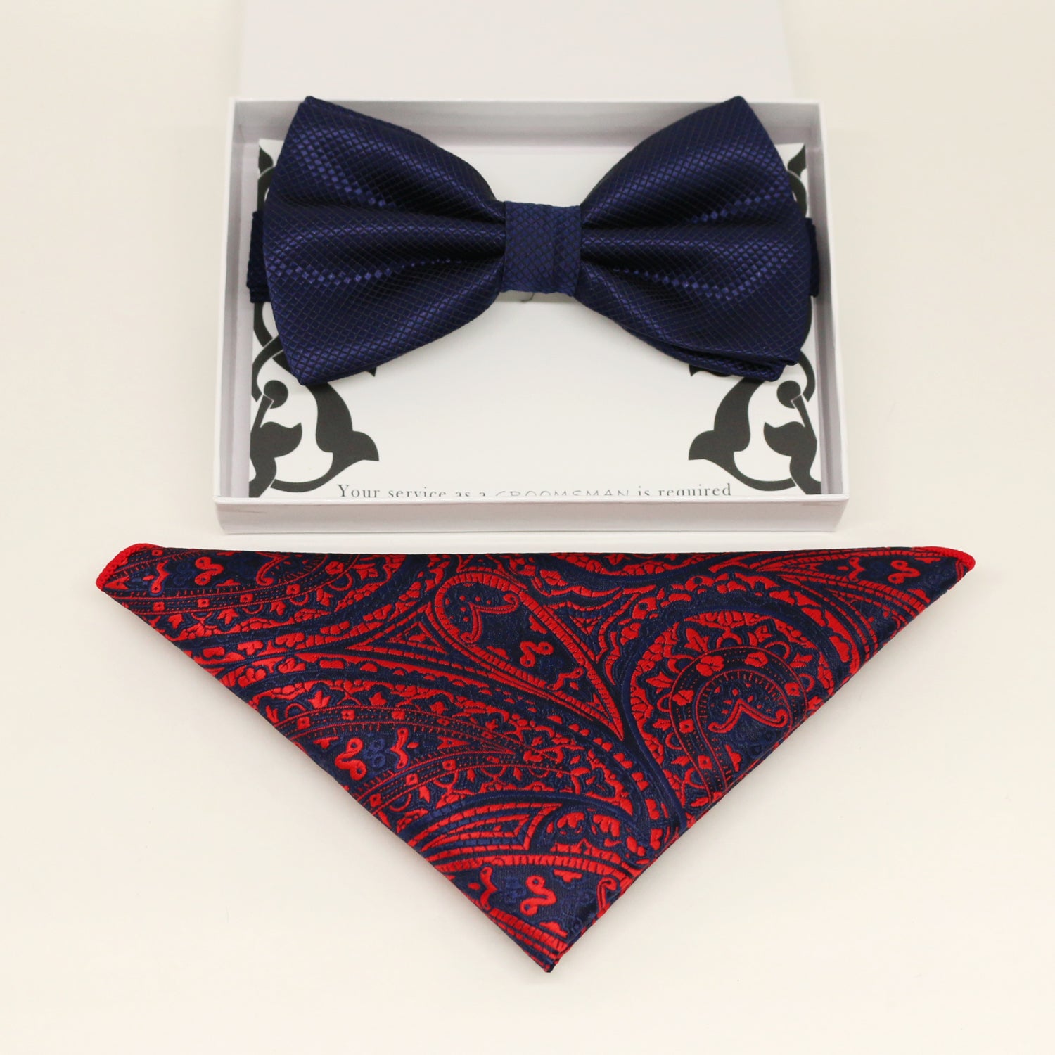 Navy bow tie & paisley Pocket Square, Best man Groomsman Man of honor ring breaer bow, birthday gift, Congrats grad, Navy Red handkerchief