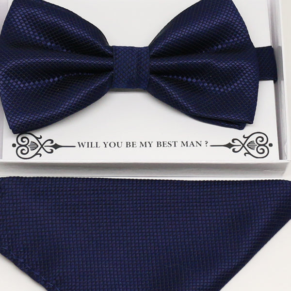 Navy bow tie & Navy Pocket Square, Best man Groomsman Man of honor ring breaer bow, birthday gift, Congrats grad,Navy kids bow, handkerchief