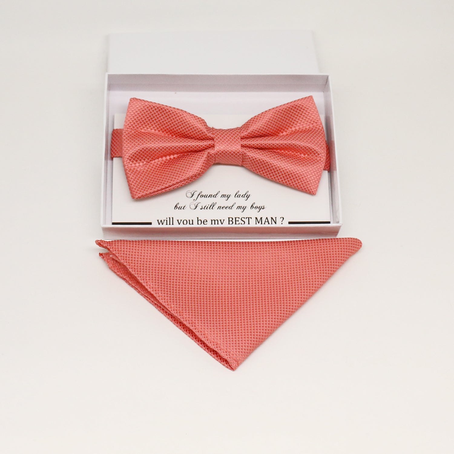 Coral bow tie & Pocket Square, Best man Groomsman Man of honor ring breaer bow, birthday gift, Coral handkerchief, coral kids bow