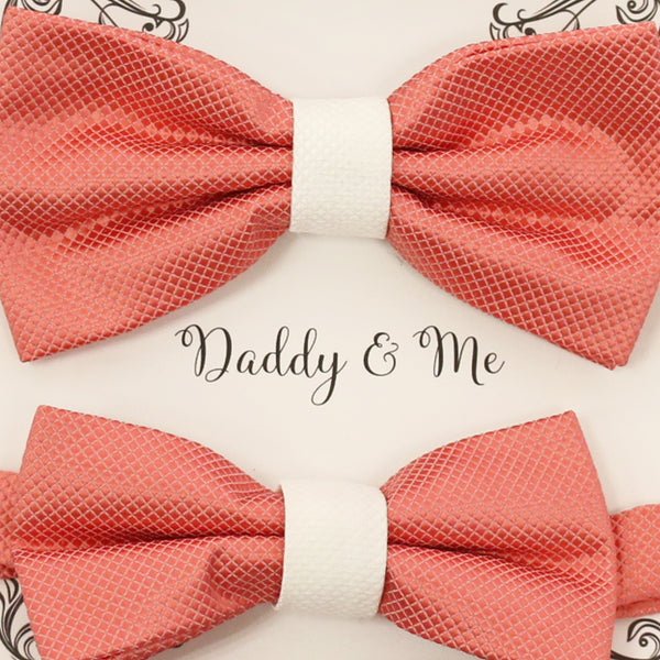 Coral and white bow tie set for daddy and son, Daddy and me gift set, Grandpa and me, Father son matching bow, Coral bow tie for kids