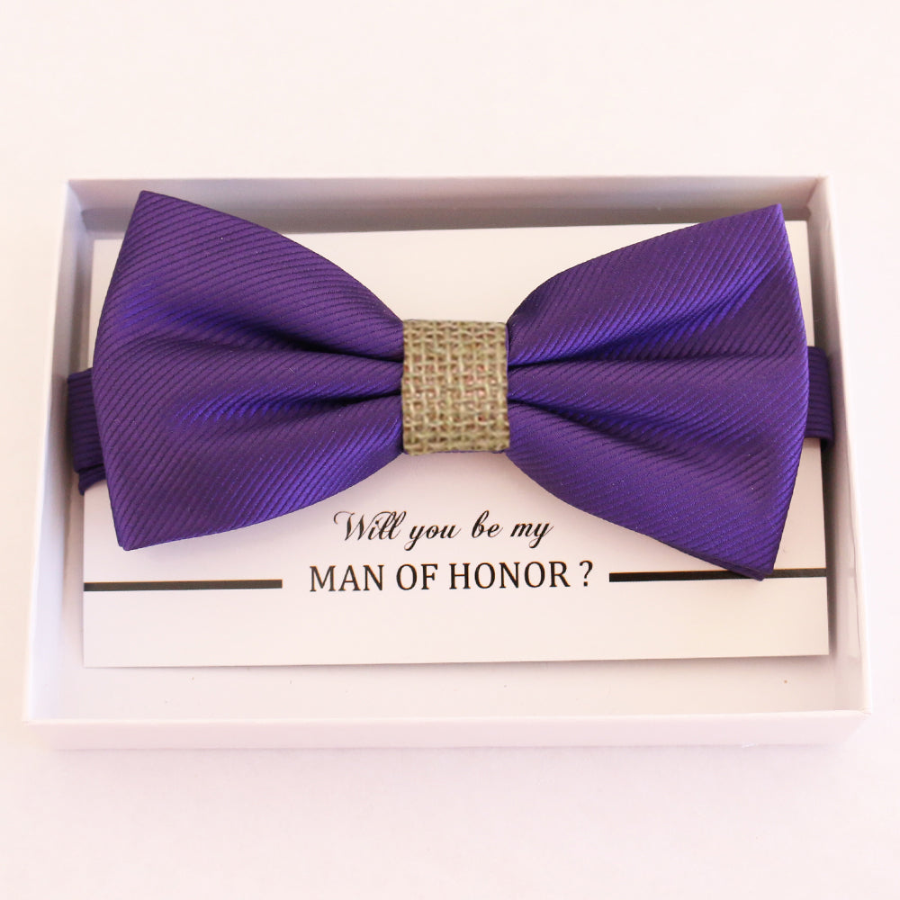 Purple Burlap bow tie, Best man request gift, Groomsman bow tie, Man of honor gift, Best man bow tie, best man gift, man of honor request bow
