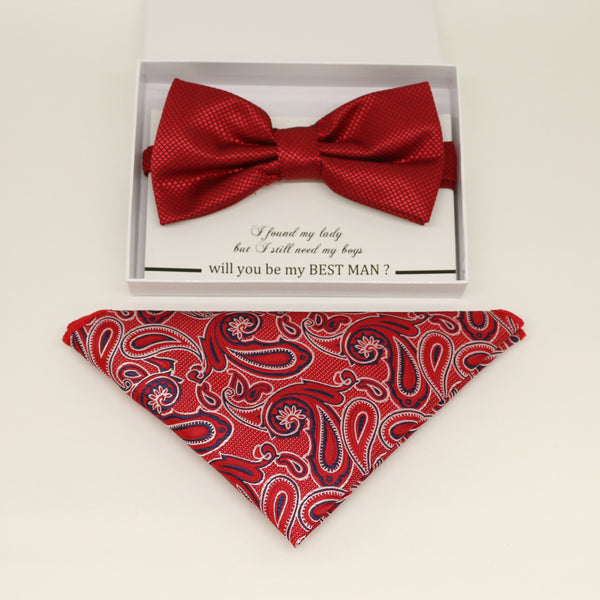 Red bow tie & paisley Pocket Square, Best man Groomsman Man of honor bow tie, birthday gift, Congrats grad, Paisley Red handkerchief