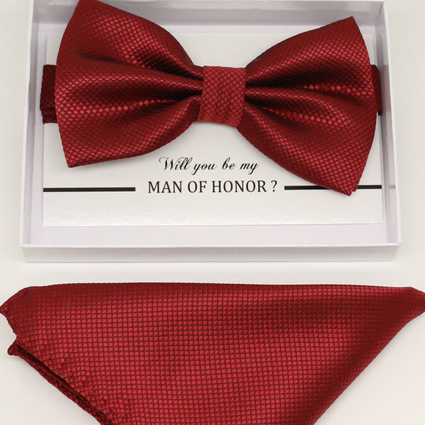 Red bow tie & Pocket Square, Best man Groomsman Man of honor ring breaer bow, birthday gift, Congrats grad, Red handkerchief