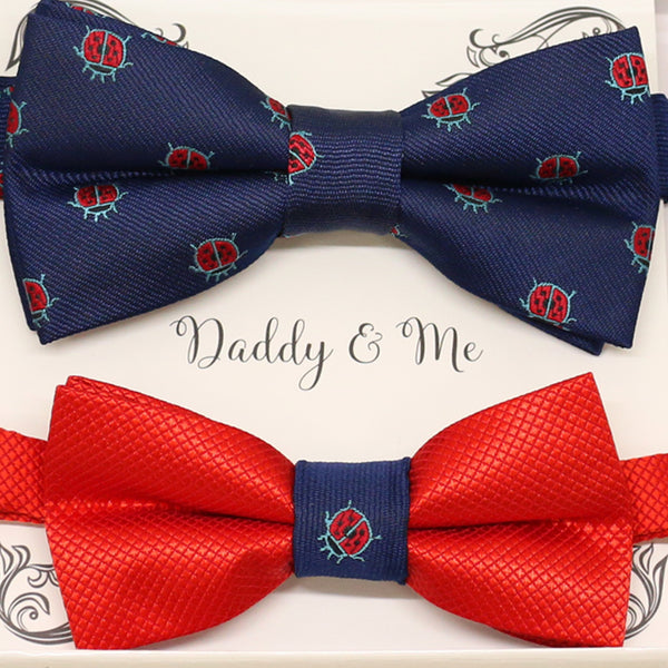 Navy Red Bow tie set for daddy and son, Daddy me gift, Ladybug, lucky bow tie, Father son match, Red kids bow, Grandpa gift, handmade