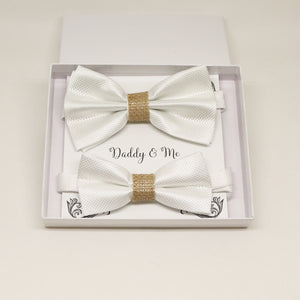 White burlap Bow tie set for daddy and son, Daddy me gift set, Grandpa and me, Father son match, White kids Toddler bow tie, Burlap bow tie