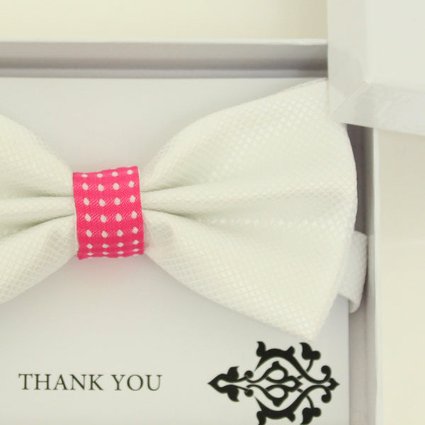 White bow tie, Best man request bow, Groomsman bow tie, Ring Bearer bow tie, Man of honor gift, Kids bow, White hot pink bow tie, handmade