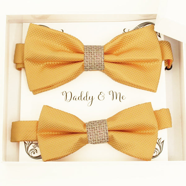 Yellow burlap Bow tie set for daddy and son Daddy me gift set Father son match Handmade Yellow burlap kids bow Adjustable pre tied bow