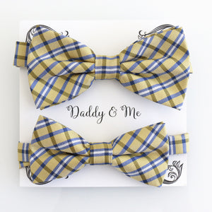 Yellow Navy plaid Bow tie set for daddy son Daddy me gift set Father son match daddy me, Handmade kids bow Adjustable pre tied, High quality