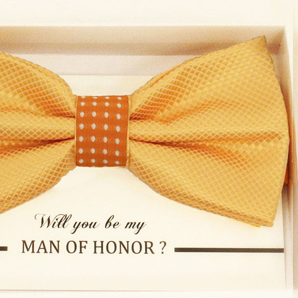 Yellow orange bow tie Best man Groomsman Man of honor ring bearer request gift, Birthday congrats card,  Kids adult bow, Adjustable Pre tied