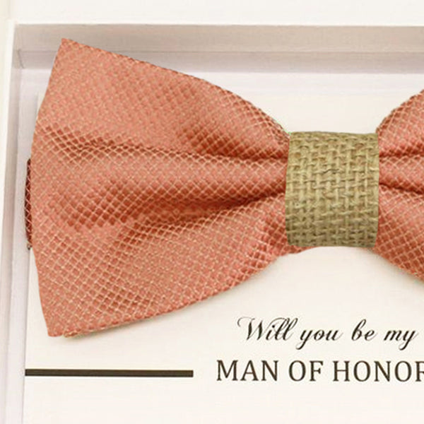 Copper bow tie Best man Groomsman Man of honor Ring Bearer bow request gift Adjustable Pre tied Birthday congrats cards handmade Burlap bow 