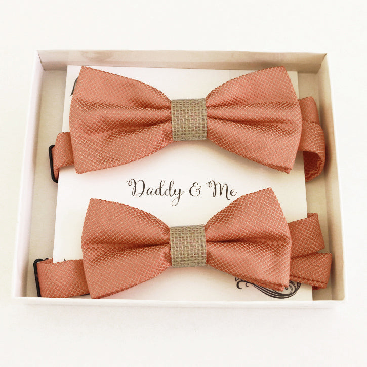 Copper burlap Bow tie set daddy son Daddy and me gift Grandpa and me Kids adult bow tie Adjustable pre tied bow Handmade Daddy son gift set 