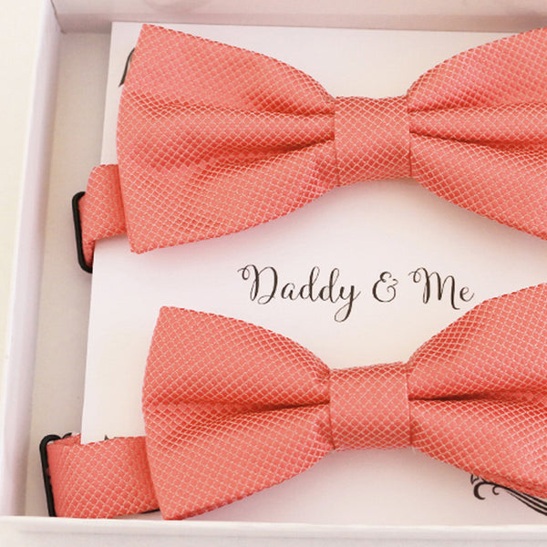 Coral blush Bow tie set for daddy and son, Daddy me gift set, Father son match daddy me bow Handmade Coral kids bow Adjustable pre tied bow