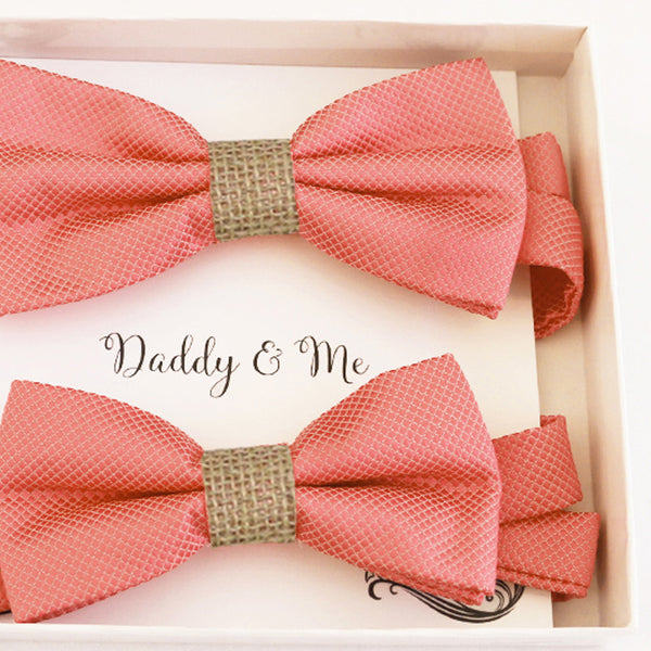 Coral burlap Bow tie set for daddy and son Daddy me gift set Father son match Handmade Coral kids bow Adjustable pre tied bow