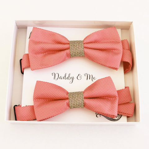 Coral burlap Bow tie set for daddy and son Daddy me gift set Father son match Handmade Coral kids bow Adjustable pre tied bow