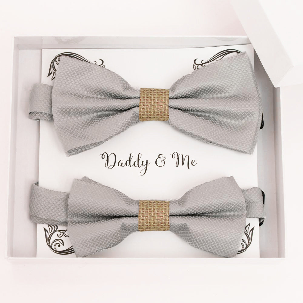Gray burlap Bow tie set for daddy and son, Daddy me gift set, Grandpa and me bow, Father son matching, Gray Kids bow tie, daddy me bow tie gift