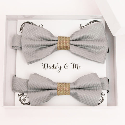 Gray burlap Bow tie set for daddy and son, Daddy me gift set, Grandpa and me bow, Father son matching, Gray Kids bow tie, daddy me bow tie gift
