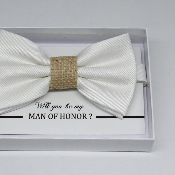 White Burlap bow tie, Best man request gift, Groomsman bow tie, Man of honor gift, Best man bow tie, best man gift, man of honor request bow