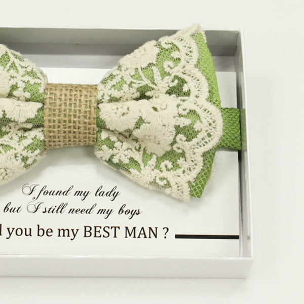 Green Lace burlap bow tie, Best man request gift, Groomsman bow tie, Man of honor gift, Best man bowtie, best man gift, man of honor request