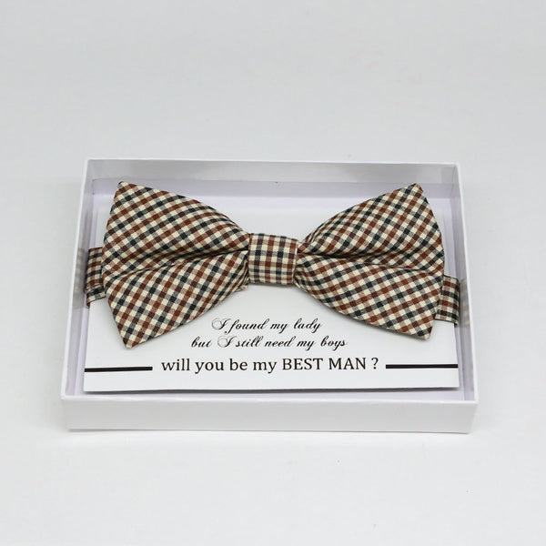 Brown Ivory gingham bow tie, Best man request gift, Groomsman bow tie, Man of honor gift, Best man bow tie, best man gift, man of honor request, thank you