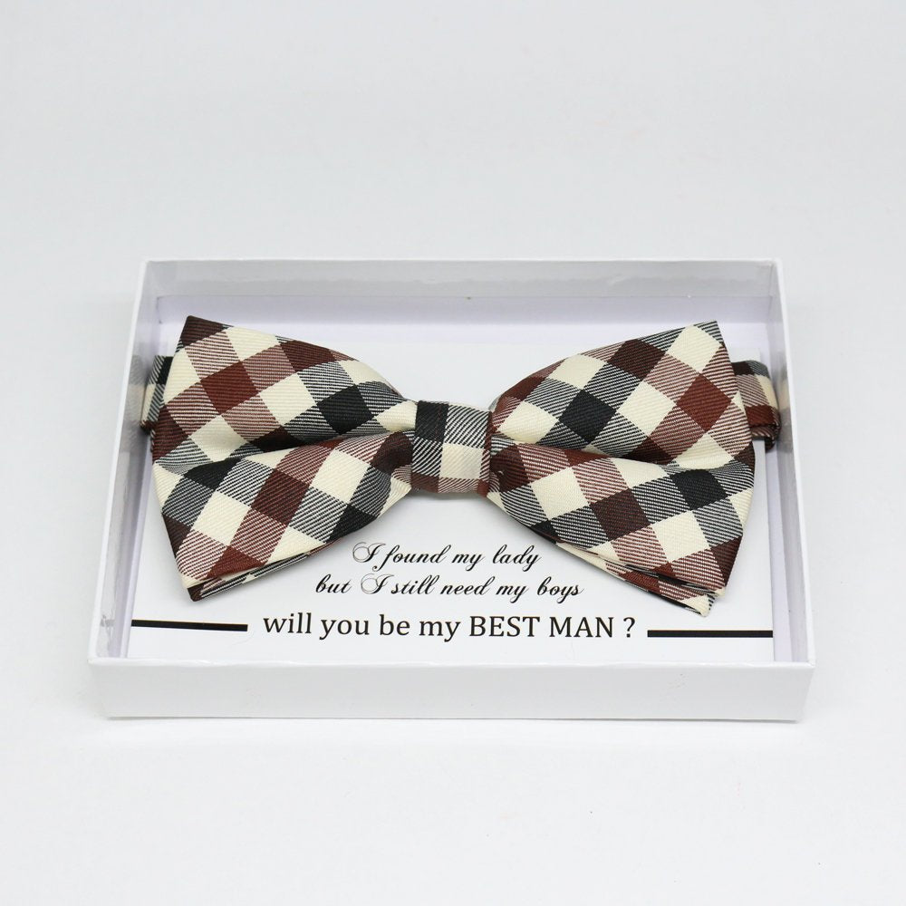 Gingham brown Ivory bow tie, Best man request gift, Groomsman bow tie, Man of honor gift, Best man bow, best man gift, man of honor request